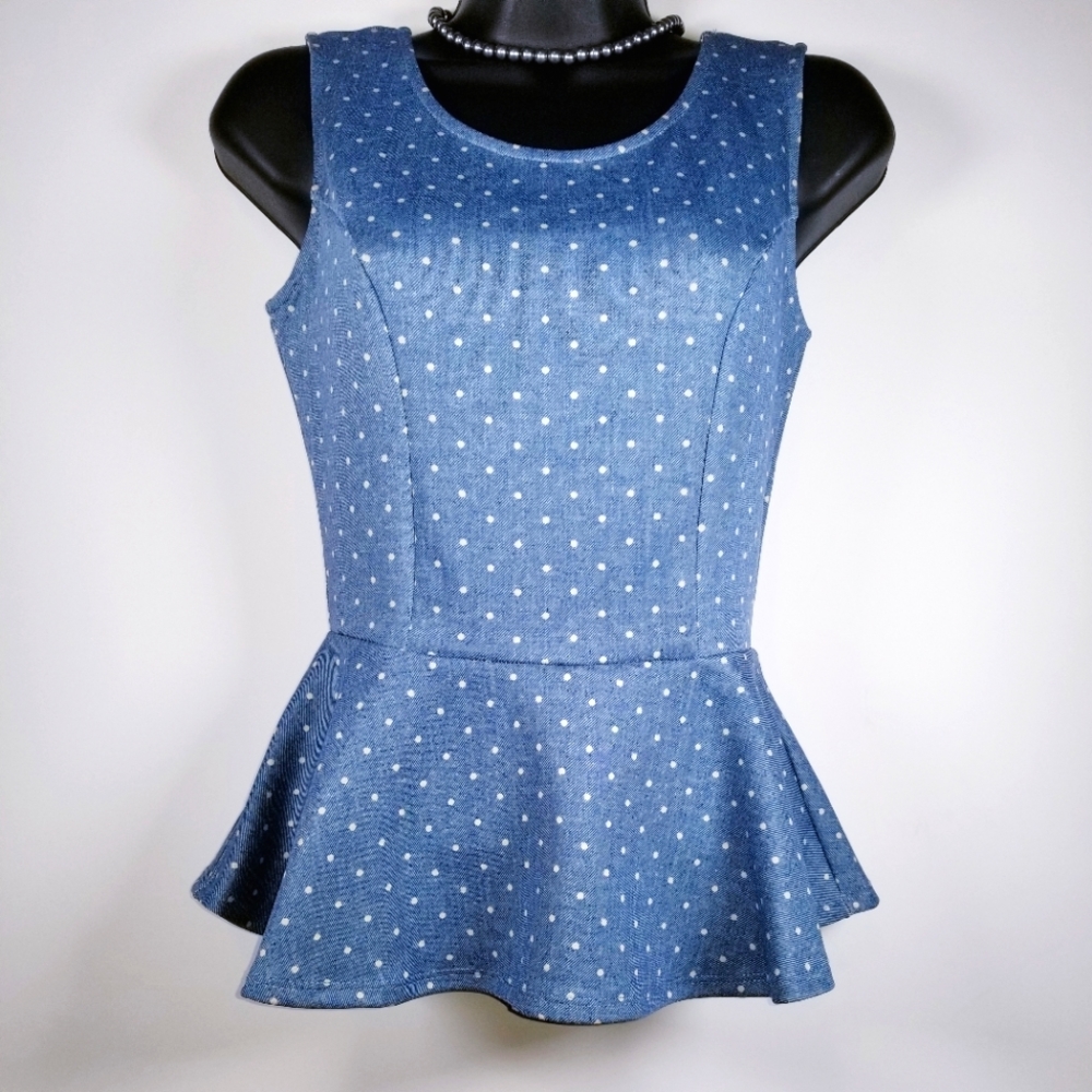 Trinity Blue Polka Dot Peplum Tank Top